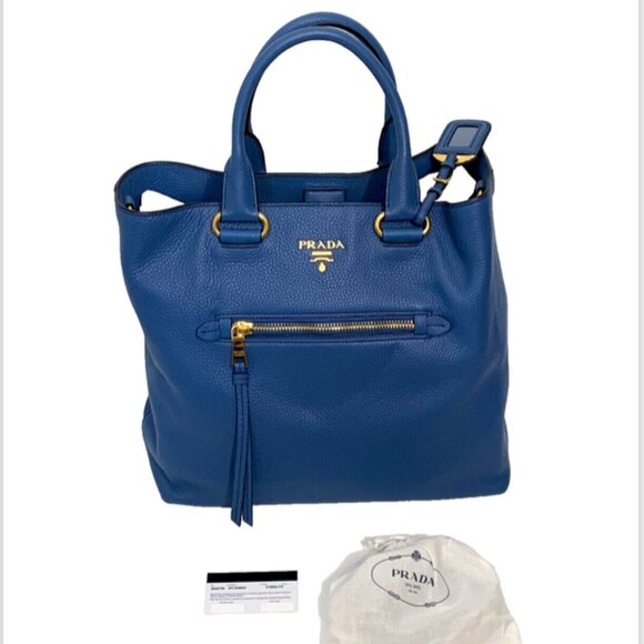 PRADA NWT Vitello Daino Cobalto BN2754 Large Shopping Tote Shoulder Bag - Picture 1 of 13